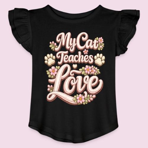 My Cat Teaches Love Faux Embroidery Style - Toddler Girls Flutter T-shirt