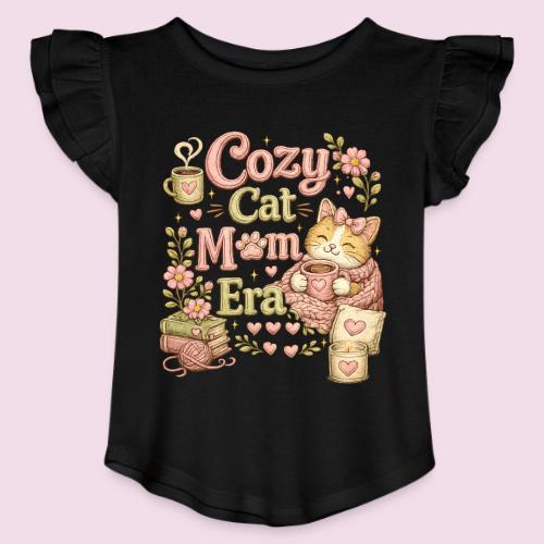 Cozy Cat Mom Era Faux Stitched Design - Toddler Girls Flutter T-shirt
