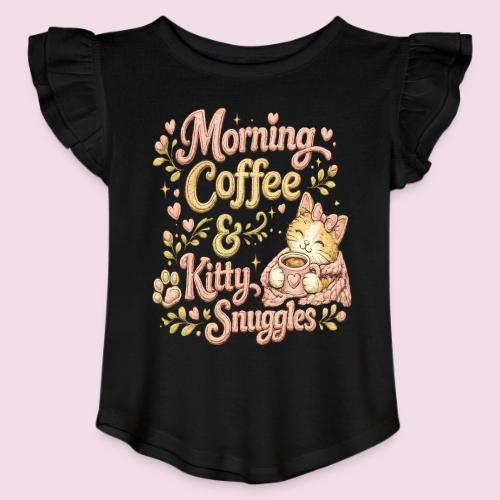 Morning Coffee & Kitty Snuggles Faux Stitched - Toddler Girls Flutter T-shirt