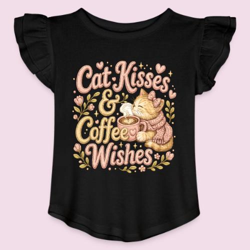 Cat Kisses & Coffee Wishes Faux Stitched - Toddler Girls Flutter T-shirt