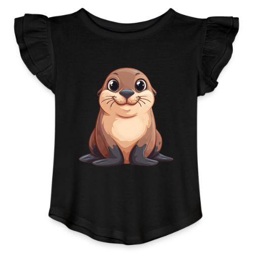 Smiling Cartoon Brown Sea Lion - Toddler Girls Flutter T-shirt