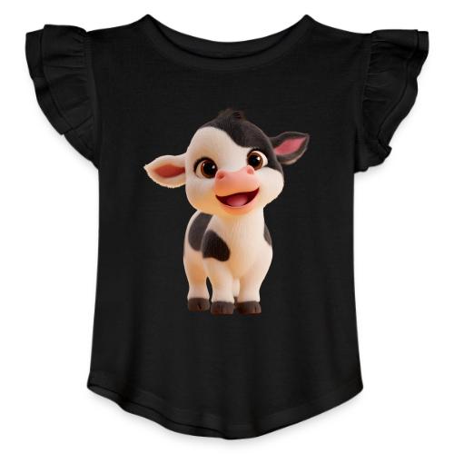 Joyful Cartoon Baby Cow Standing - Toddler Girls Flutter T-shirt