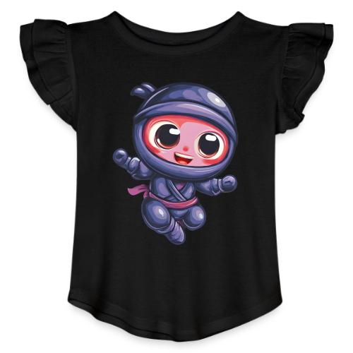 Joyful Cartoon Baby Ninja Jumping in Action - Toddler Girls Flutter T-shirt