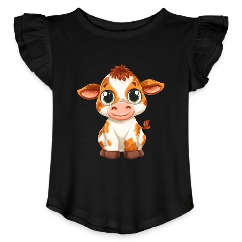 Cute Cartoon Baby Calf with Bright Innocent Eyes - Toddler Girls Flutter T-shirt