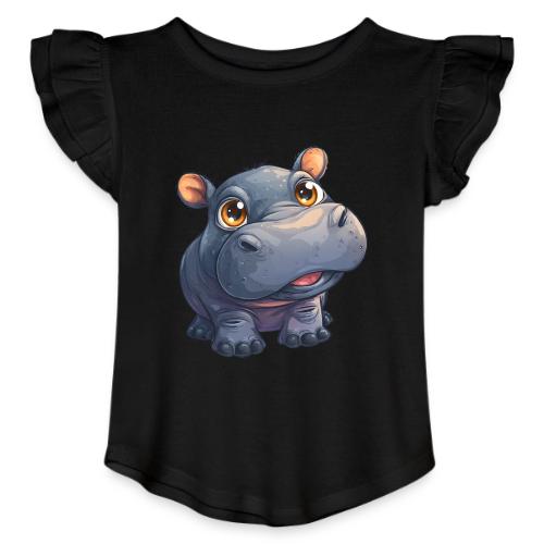 Cute Cartoon Baby Hippo with Big Innocent Eyes - Toddler Girls Flutter T-shirt