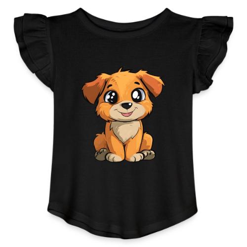 Cute Sitting Puppy Cartoon with Big Eyes - Toddler Girls Flutter T-shirt