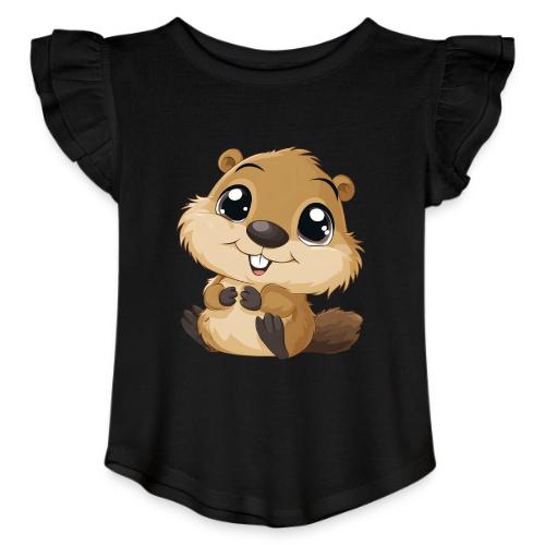Adorable Cartoon Baby Beaver with Big Eyes - Toddler Girls Flutter T-shirt