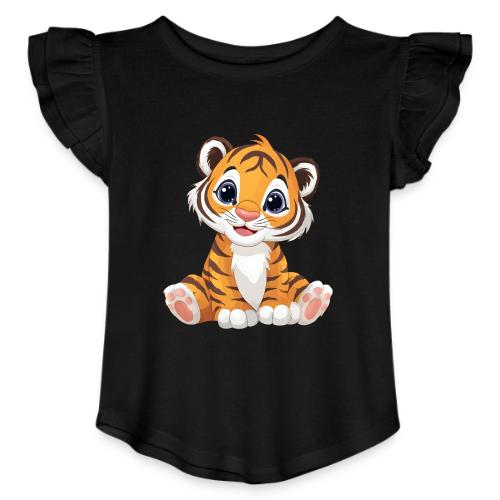 Adorable Cartoon Tiger Cub with Innocent Eyes - Toddler Girls Flutter T-shirt
