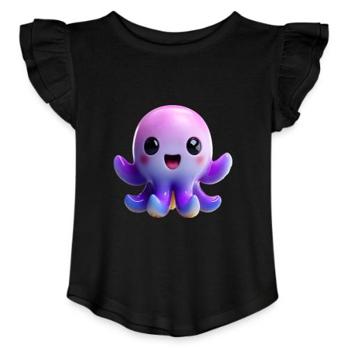 Joyful Cartoon Purple Baby Octopus with Big Smile - Toddler Girls Flutter T-shirt