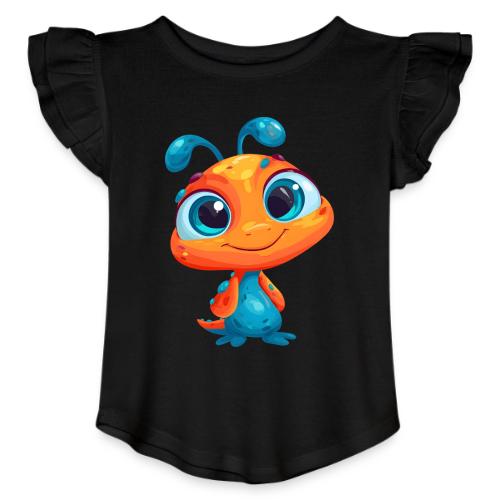 Fun Cartoon Alien in Orange and Blue - Toddler Girls Flutter T-shirt
