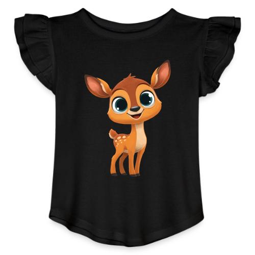 Cute Cartoon Deer with Joyful Big Eyes - Toddler Girls Flutter T-shirt