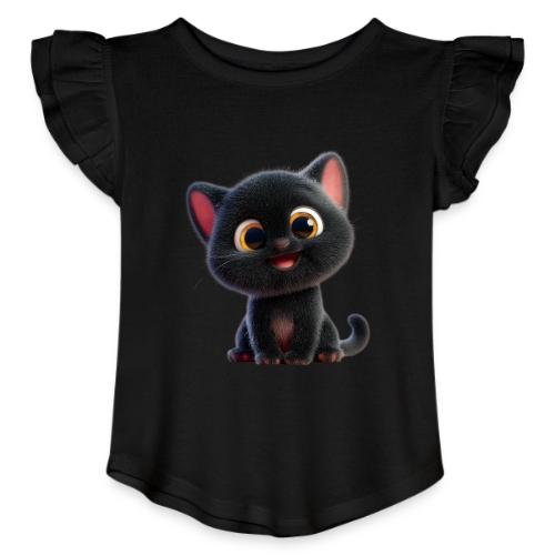 Adorable 3D Black Kitten with Big Eyes - Toddler Girls Flutter T-shirt