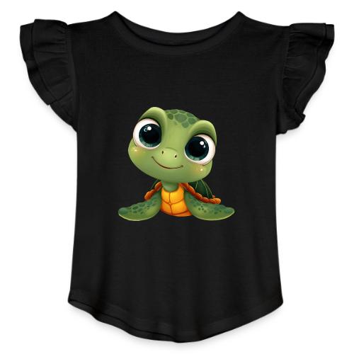 Cheerful Green Cartoon Sea Turtle with Big Eyes - Toddler Girls Flutter T-shirt