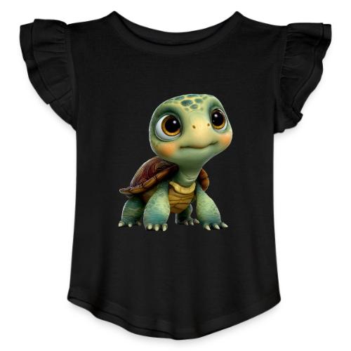 Adorable Cartoon Baby Turtle with Big Eyes - Toddler Girls Flutter T-shirt