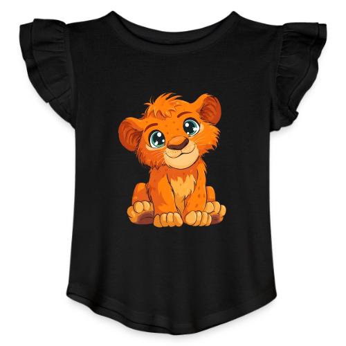 Sweet Cartoon Lion Cub with Big Innocent Eyes - Toddler Girls Flutter T-shirt