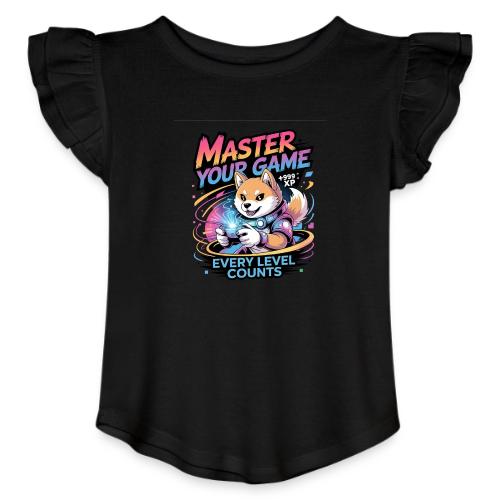 Cute Gamer Shiba Inu Level Up - Toddler Girls Flutter T-shirt
