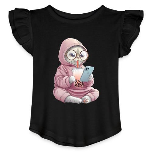 Cool Cat Bubble Tea Cartoon Design - Toddler Girls Flutter T-shirt