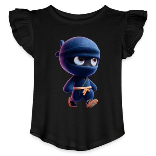 Playful Cartoon Baby Ninja Walking Happily - Toddler Girls Flutter T-shirt