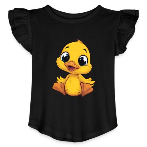 Sweet Yellow Cartoon Duck Sitting Happily - Toddler Girls Flutter T-shirt