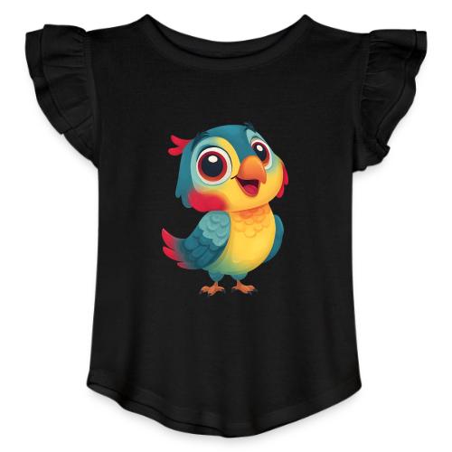 Bright Cartoon Parrot with Joyful Expression - Toddler Girls Flutter T-shirt