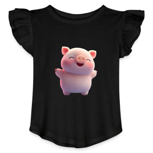 Cute Cartoon Baby Pig Standing Arms Up - Toddler Girls Flutter T-shirt