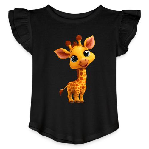 Adorable Cartoon Baby Giraffe with Big Eyes - Toddler Girls Flutter T-shirt