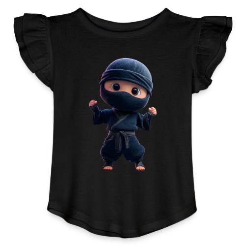 Cute Cartoon Ninja Toddler in Fight Pose - Toddler Girls Flutter T-shirt