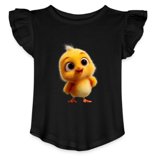 Cute Cartoon Yellow Chick with Big Sparkling Eyes - Toddler Girls Flutter T-shirt
