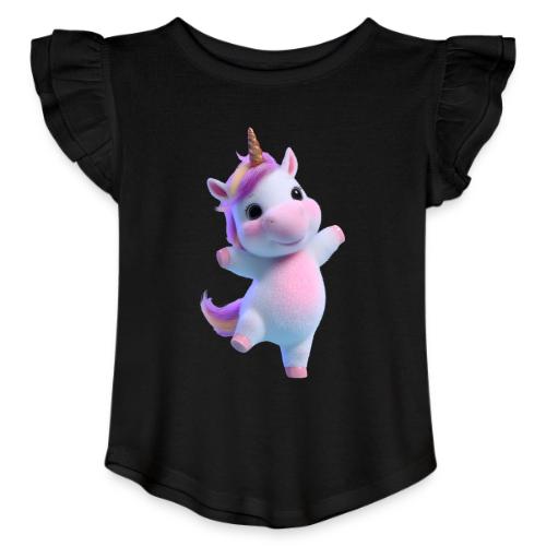 Cute Cartoon Unicorn Dancing Joyfully - Toddler Girls Flutter T-shirt