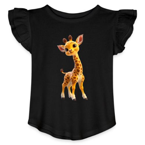 Adorable 3D Baby Giraffe with Big Eyes - Toddler Girls Flutter T-shirt