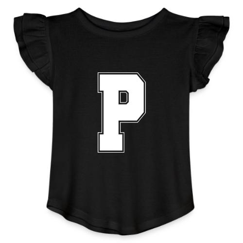 White Letter P – Varsity Alphabet Monogram - Toddler Girls Flutter T-shirt