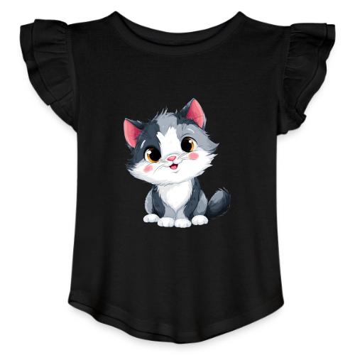 Sweet Sitting Kitten Cartoon Smiling - Toddler Girls Flutter T-shirt