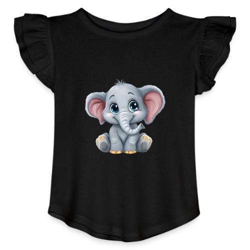 Sweet Cartoon Baby Elephant with Big Eyes - Toddler Girls Flutter T-shirt