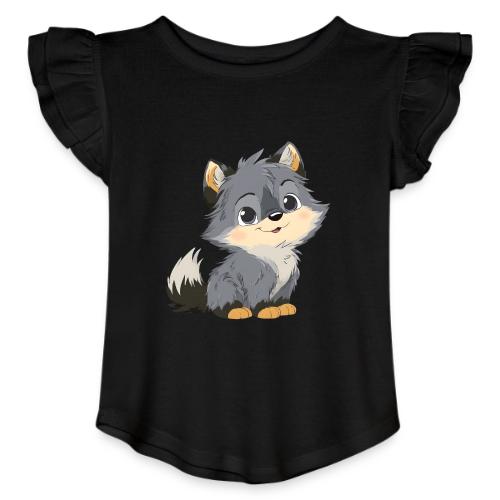 Cute Cartoon Baby Wolf with Innocent Eyes - Toddler Girls Flutter T-shirt