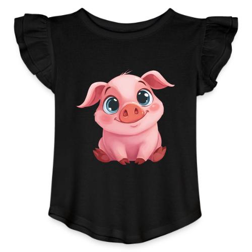 Adorable Cartoon Baby Pig Sitting with Big Eyes - Toddler Girls Flutter T-shirt