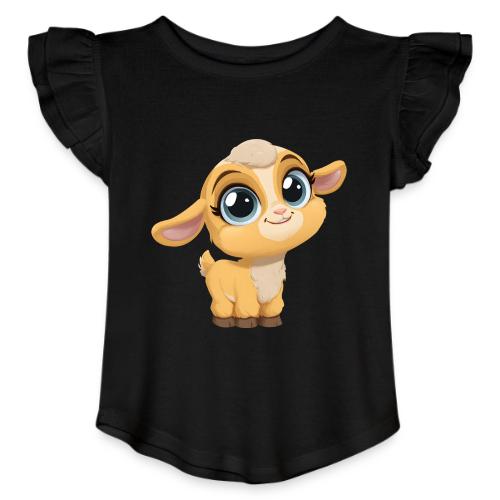 Sweet Cartoon Baby Goat with Joyful Smile - Toddler Girls Flutter T-shirt