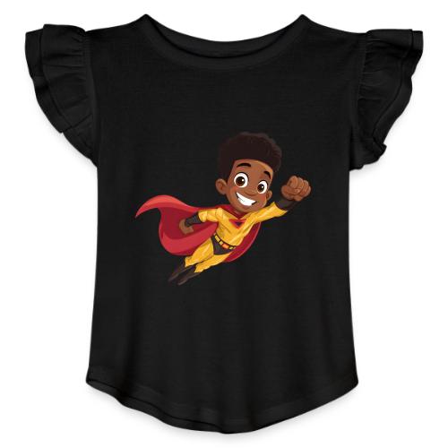 Flying Cartoon Superhero Boy in Red Cape - Toddler Girls Flutter T-shirt