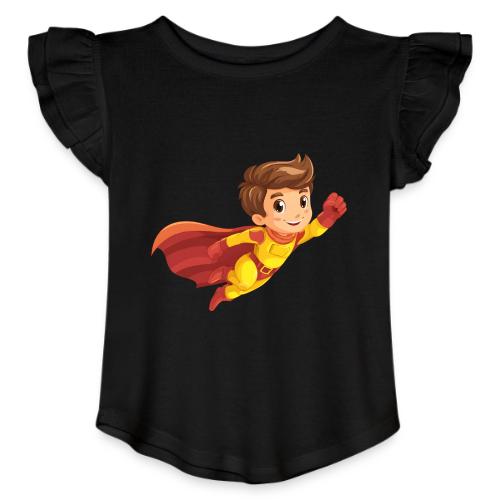 Cheerful Cartoon Superhero Boy Flying High - Toddler Girls Flutter T-shirt