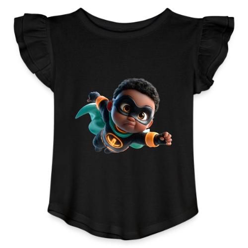 Brave Cartoon Superhero Boy in Green Cape - Toddler Girls Flutter T-shirt