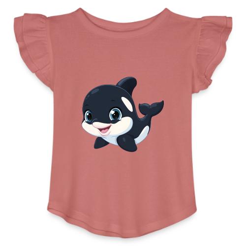 Playful Cartoon Baby Orca with Sweet Smile - Toddler Girls Flutter T-shirt