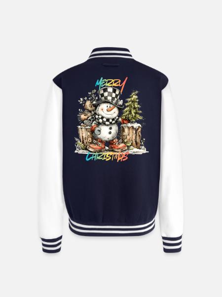 Checkerboard Snowman Christmas Tee - Unisex College Sweat Jacket - navy/white