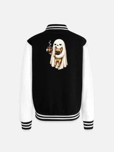 Meh Ghost Sips Coffee with Pug - Unisex College Sweat Jacket - black/white