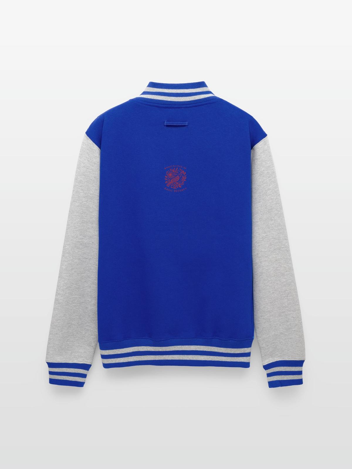 Radicalized-by-basic-decency - Unisex College Sweat Jacket - royal/heather grey - Back