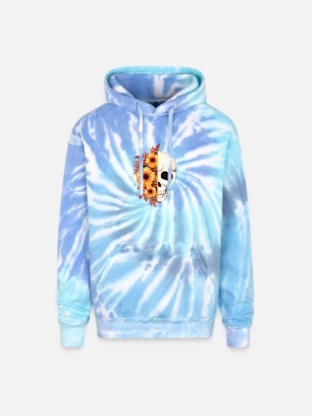 Floral Skull Split - Adult Tie Dye Hoodie - blue lagoon