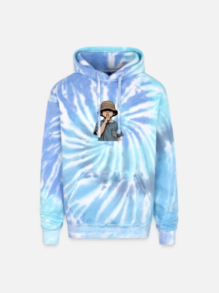 Shushing Kid in Bucket Hat - Adult Tie Dye Hoodie - blue lagoon