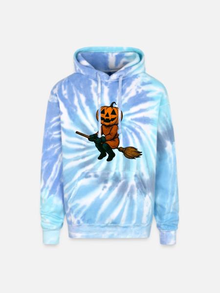 Pumpkinhead Witch on Broom - Adult Tie Dye Hoodie - blue lagoon