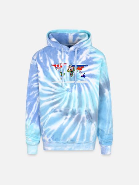 Flag Map Of The World - Adult Tie Dye Hoodie - blue lagoon