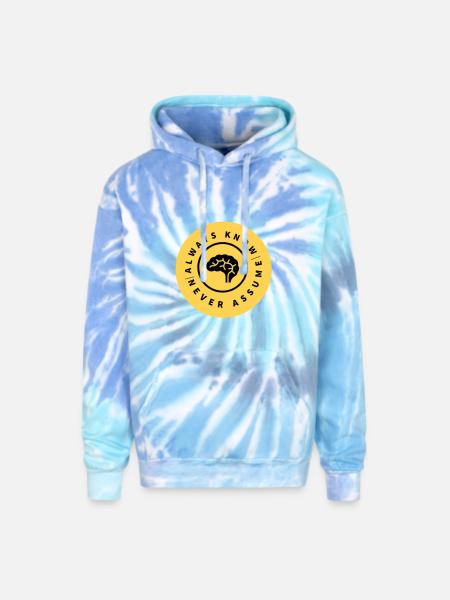 Always Know Never Assume Badge - Adult Tie Dye Hoodie - blue lagoon