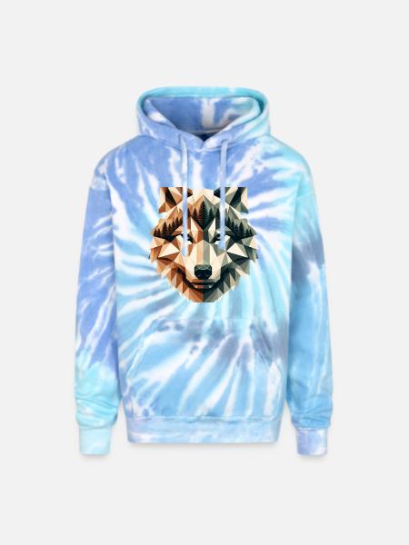 Geometric Wolf Over Peaks - Adult Tie Dye Hoodie - blue lagoon