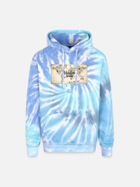Adventure Awaits World Map - Adult Tie Dye Hoodie - blue lagoon